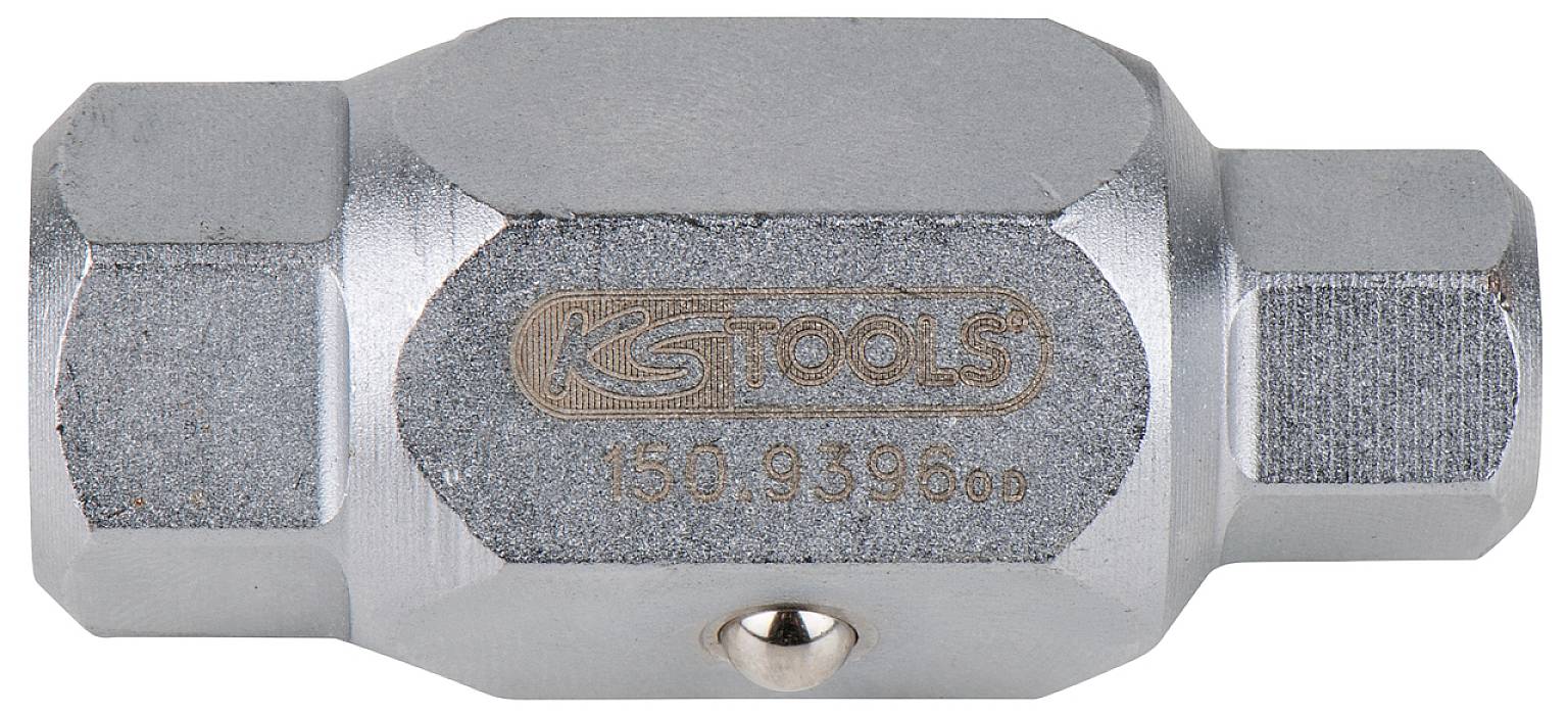 Metallisk sexkantig nyckeladapter med inskription 'KS TOOLS 150.9390' i mitten. Adapter för verktyg, robust design.