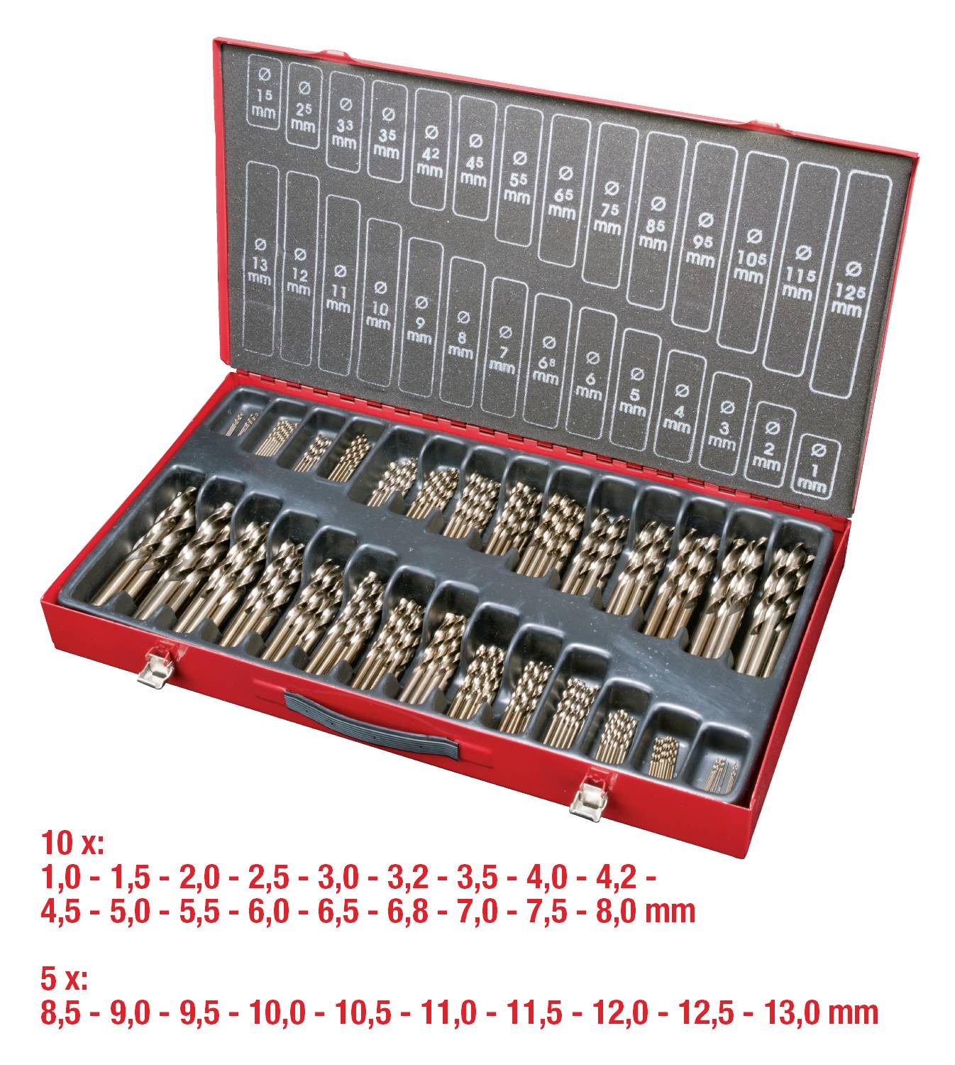 En röd metallväska med flera rader borrar i olika storlekar, från 1,0 mm till 13,0 mm, överskådligt ordnade.