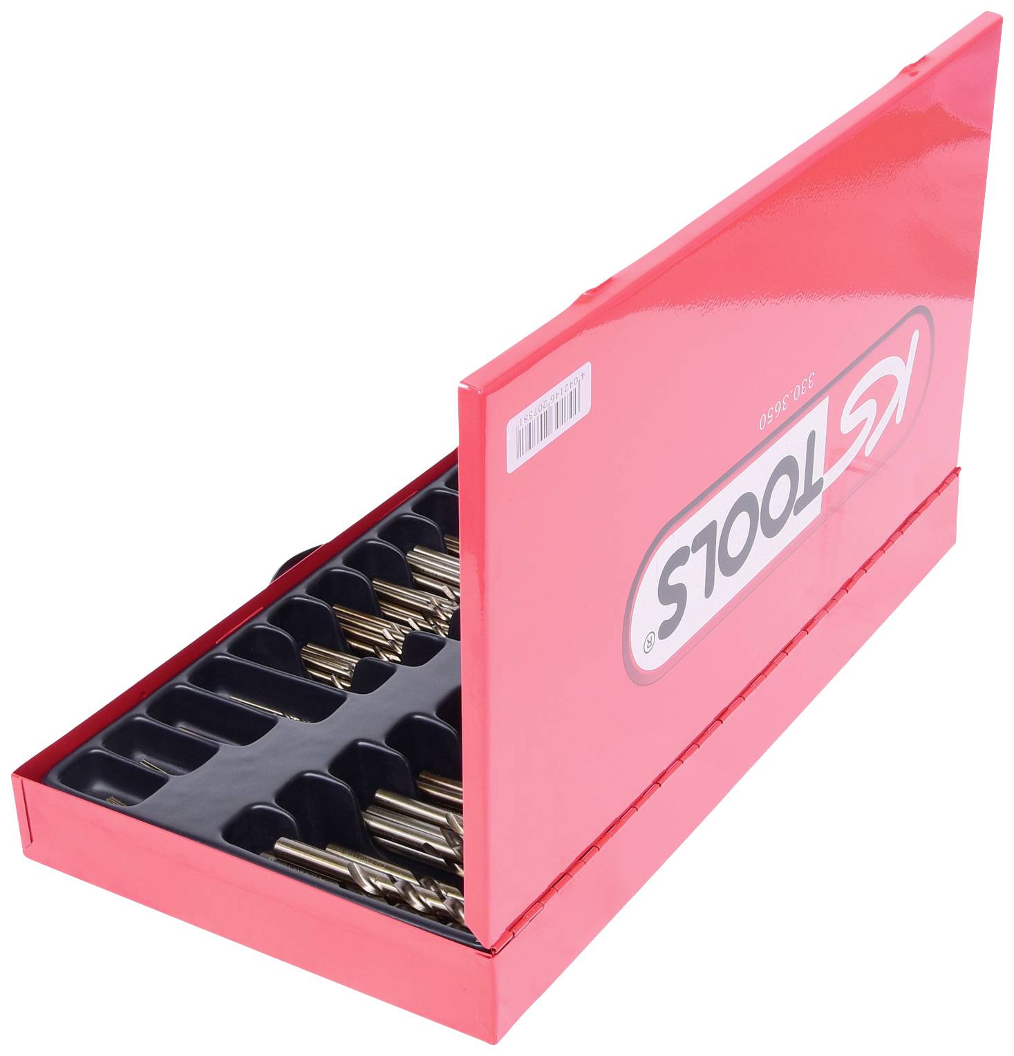 Ett rött etui med 'KS Tools' logotyp, delvis öppet, visar verktyg i skuminsatser.