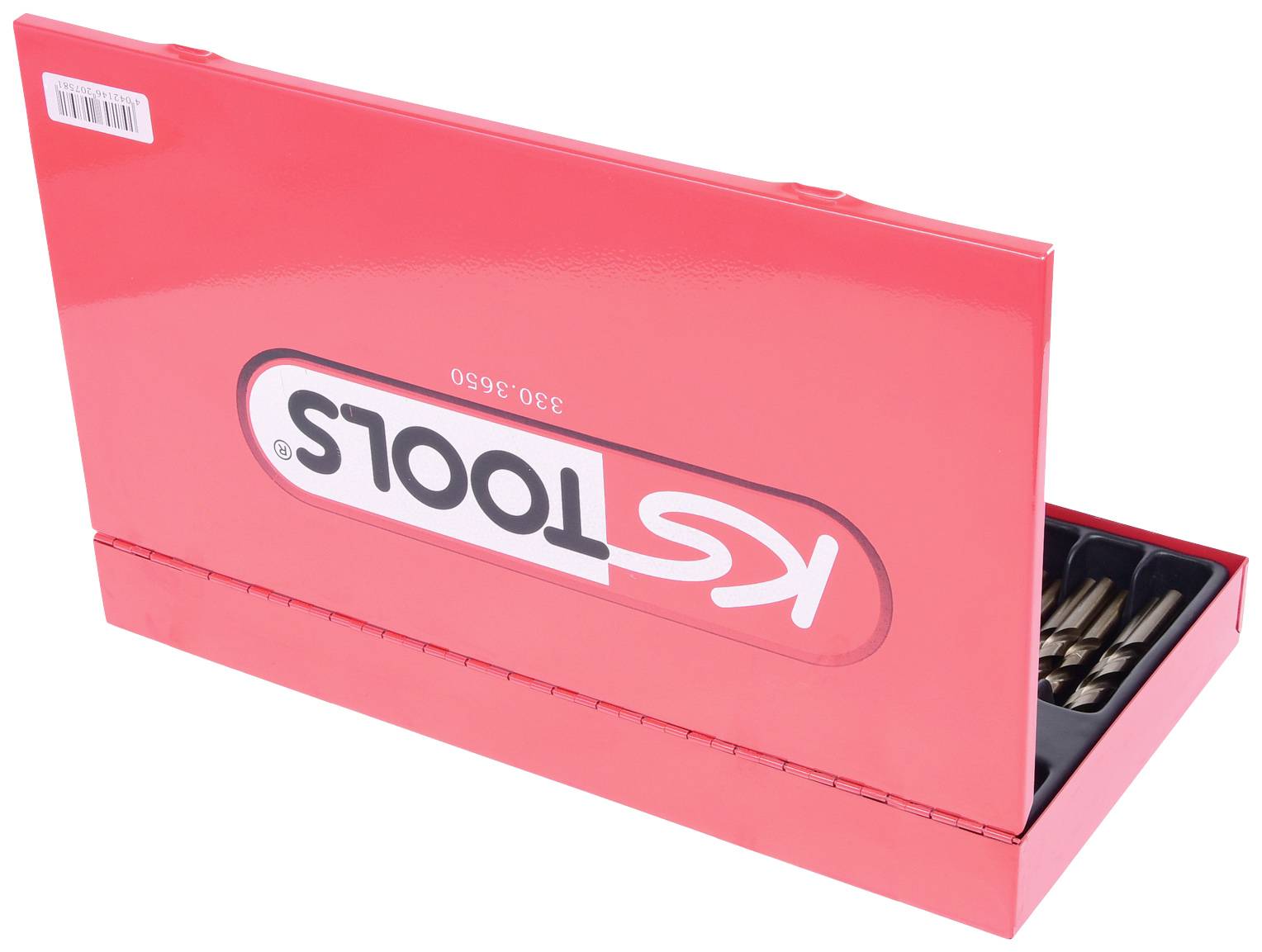 Röd verktygslåda med svart tryckt 'KS TOOLS'-logotyp, öppnad och visar ett urval av verktyg inuti.