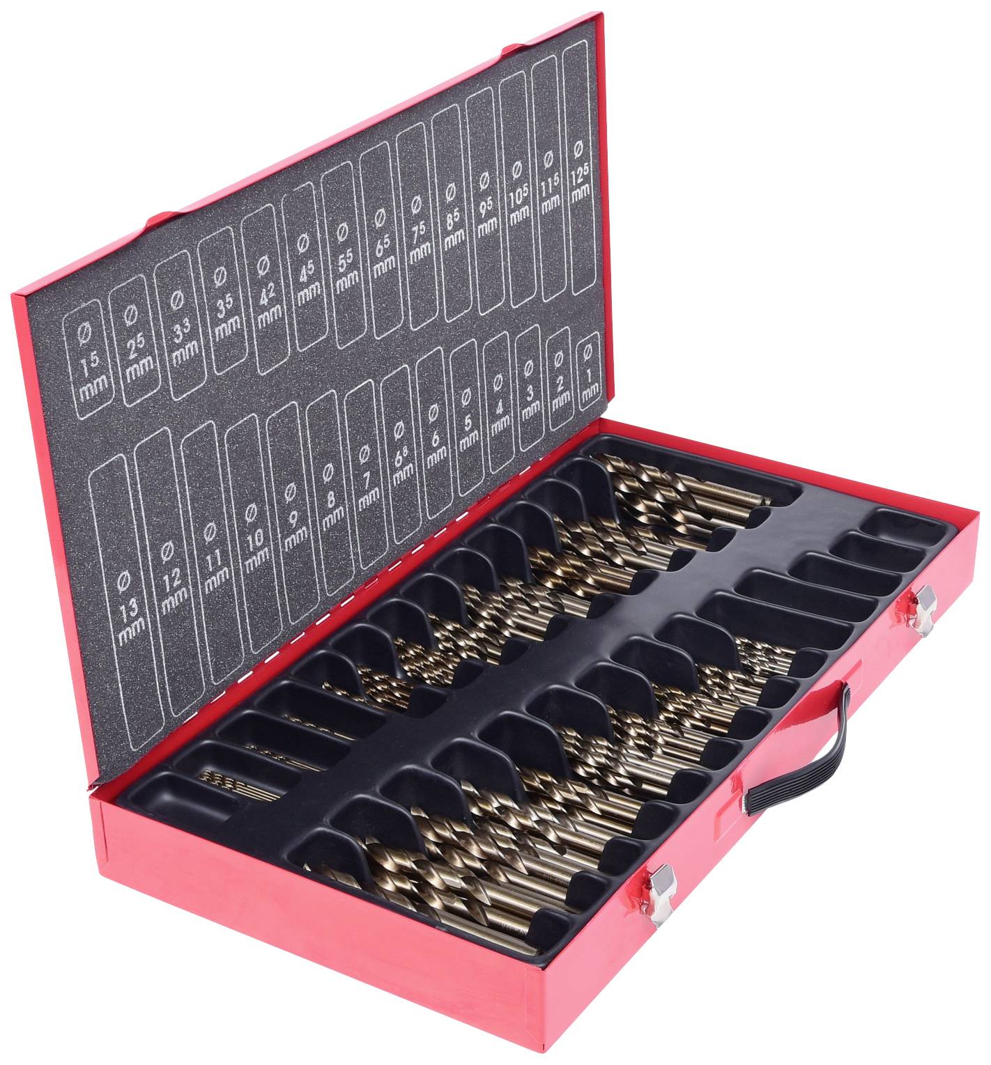 En röd resväska med öppet lock som visar ett set med metallborrar i olika storlekar från 1 mm till 13 mm, prydligt sorterade.