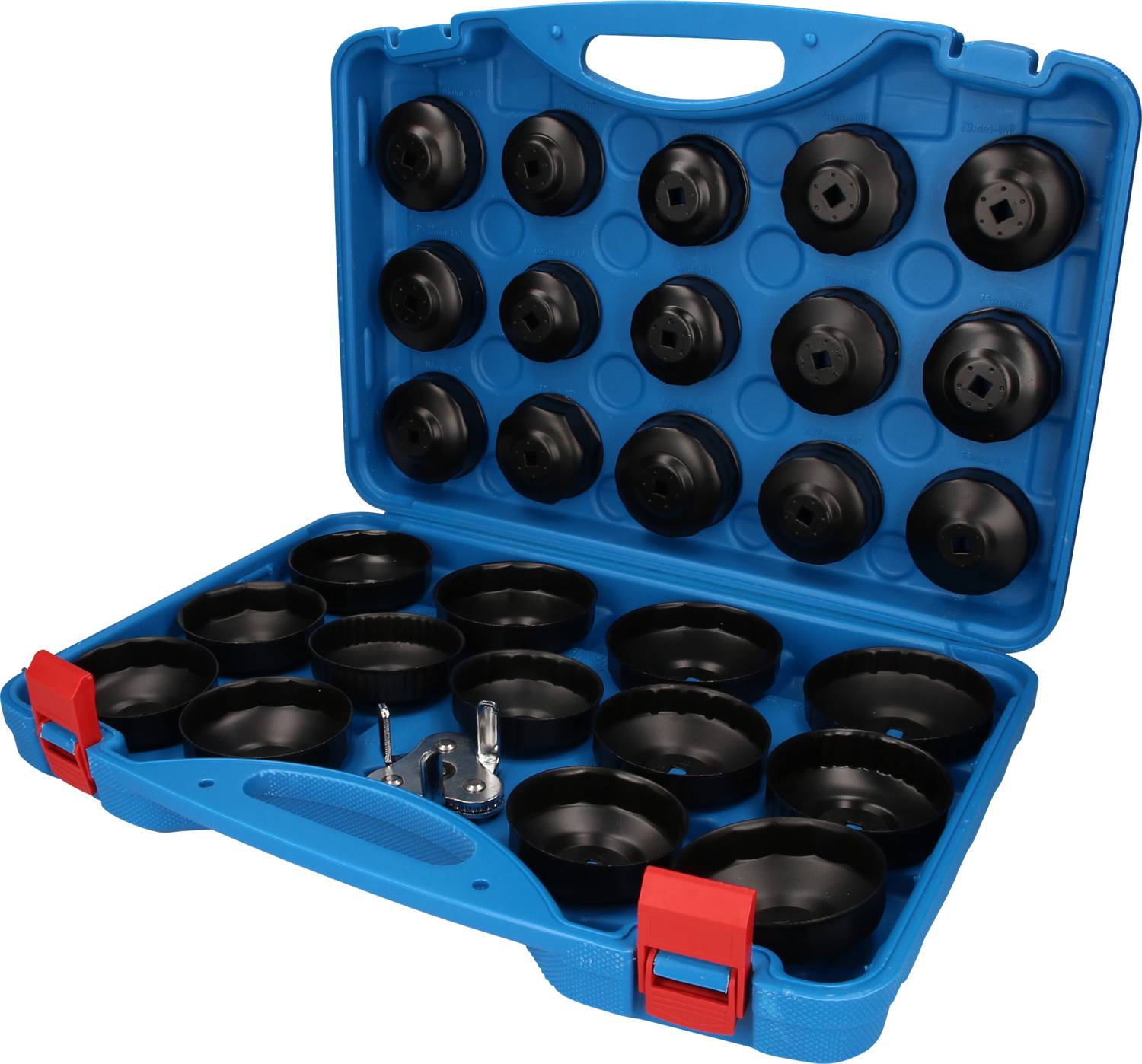 En blå resväska med röda lås innehåller olika storlekar av svarta oljefilternycklar, prydligt arrangerade i rader.