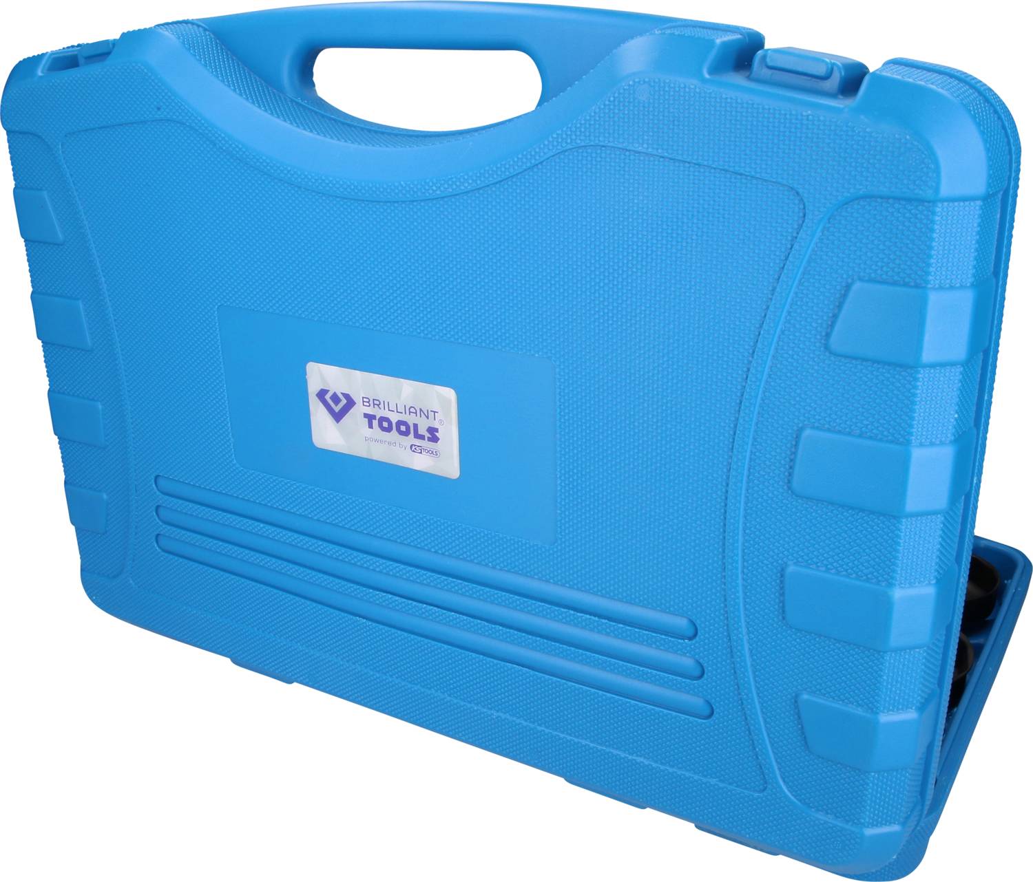 En blå plastlåda med ett handtag. På lådan står 'Brilliant Tools'. Lådan är stängd och strukturerad.