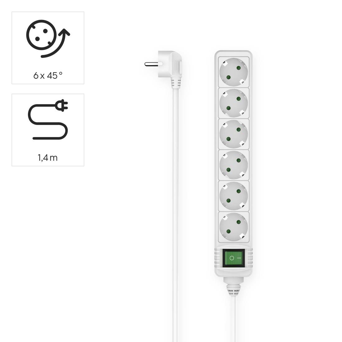 En vit grenuttag med sex uttag, grön på/av-knapp och 1,4 m långt kabel.