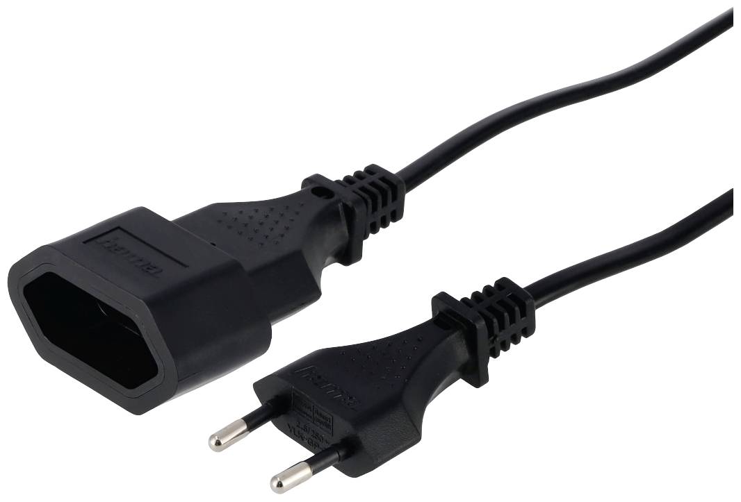 Svart nätverkskabel med eurokontakt och hankontakt, lämplig för anslutning av elektriska enheter till strömkällan.