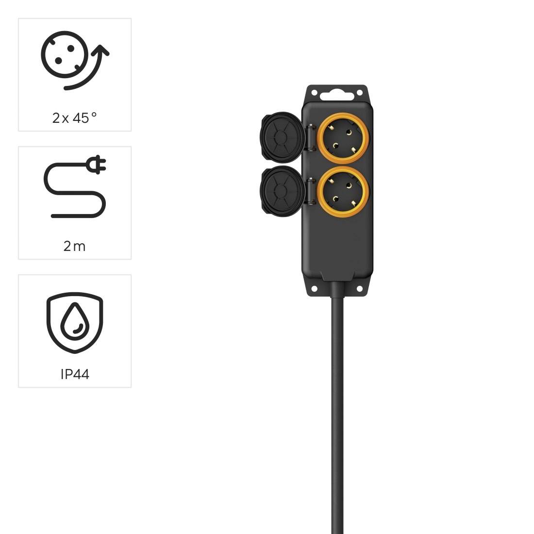 Elektrisk grenuttag med strömbrytare, två uttag, IP44-skydd, 2 meter kabel, idealisk för utomhusbruk.