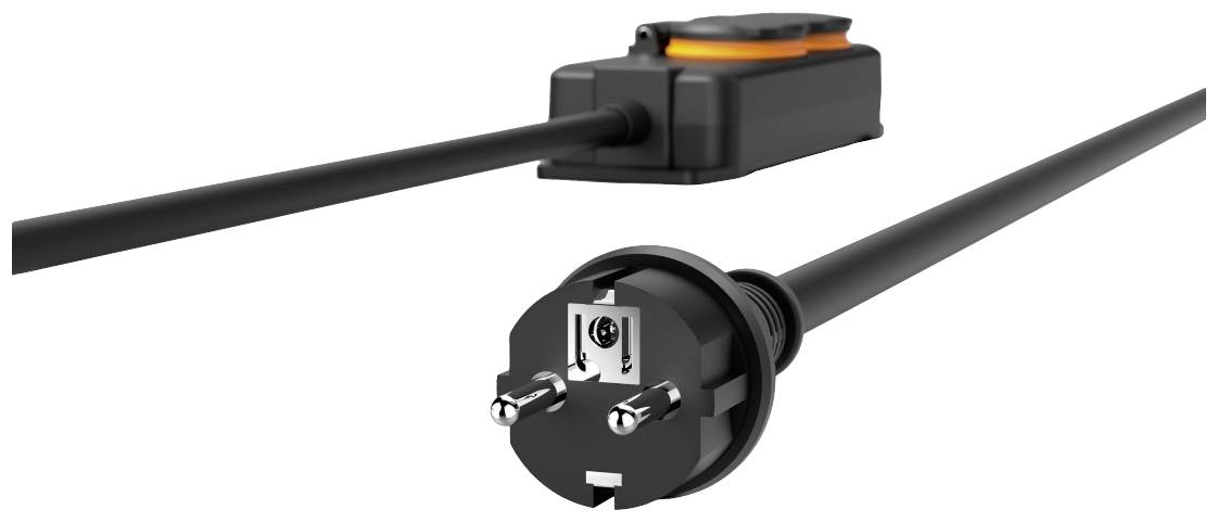 En nätverkskabel med en eurokontakt på ena sidan och ett rektangulärt, svart hölje med orange accent på den andra sidan.