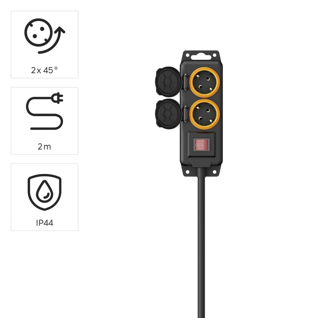 Fyrvägs grenuttag med två strömbrytare, stänkvattensskydd (IP44), 2m kabel, lämplig för utomhusbruk.