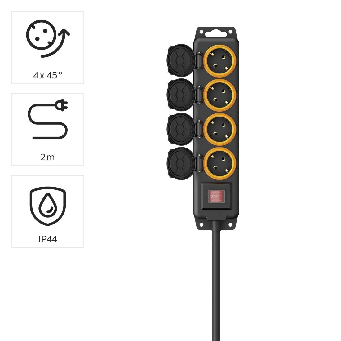 Grenuttag med fyra uttag, orange ram, IP44-skydd, 2 meter kabel. Lämplig för utomhusbruk.