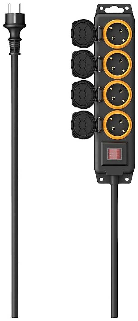 Grenuttag med fyra uttag, orange kantad, med lock. På/Av-switch och sladd.