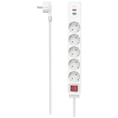 Vit grenuttag med sex uttag, två USB-portar och en röd på/av-knapp, ansluten med en nätverkskabel.