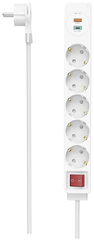 En vit grenuttag med sex Schuko-uttag, två USB-portar och en röd på-/avbrytare.