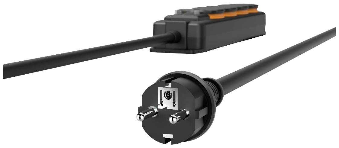 Svart nätverkskabel med en Schuko-kontakt på ena sidan och ett elektriskt grenuttag på den andra sidan.