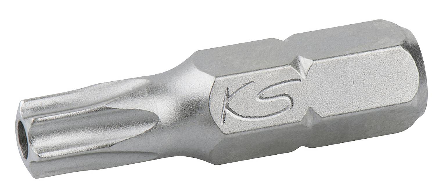 En Torx-bit av metall, lämplig för skruvar med stjärnformat huvud. Robust och hållbar för användning med skruvmejslar och borrmaskiner.