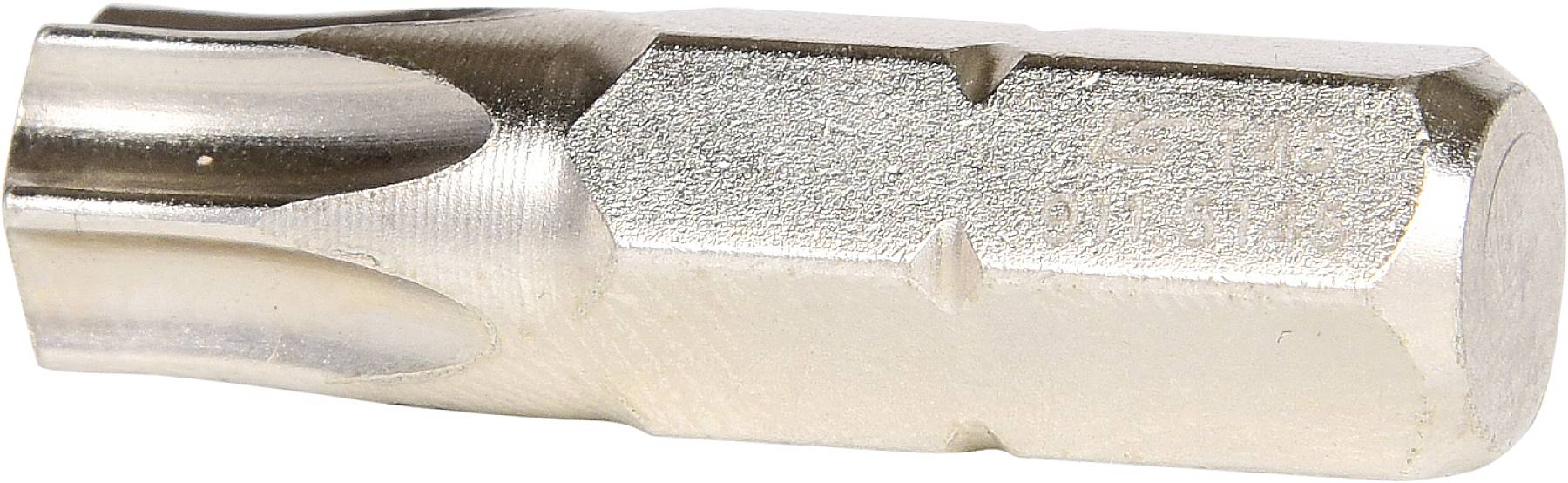 En silverfärgad skruvmejsel med sexkantigt ände, lämplig för Torx-skruvar, på vit bakgrund.
