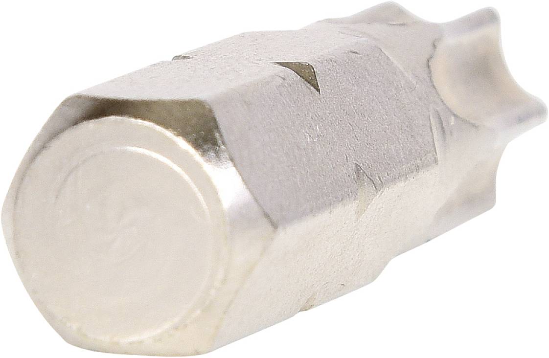 Närbild av ett silverfärgat skruvmejselbit med sexkantig skaft och slipat ände, lämpligt för precisionsarbeten.