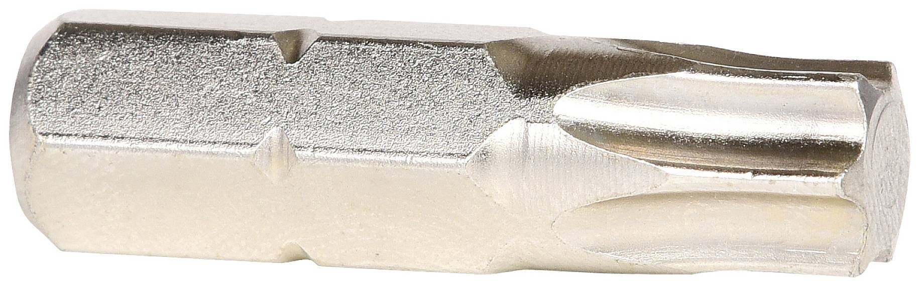 Metallisk skruvmejselinsats med prismatisk form och polerad yta, lämplig för specifika skruvtyper.