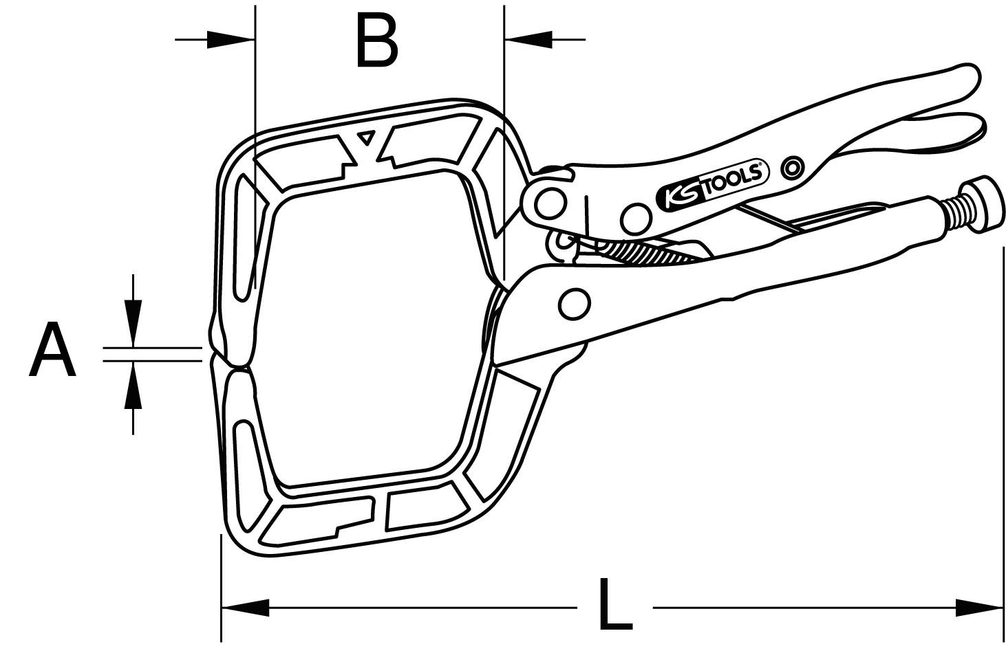 Svart-vitt diagram över ett verktyg med texten 'KS TOOLS'. Mått A, B, L är angivna. Huvudkomponenten är en tång.