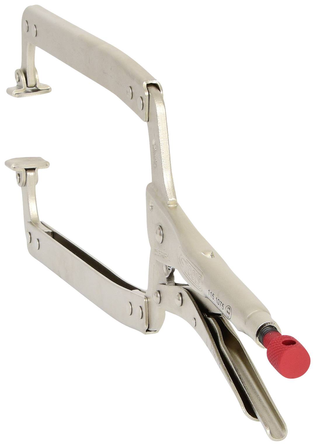 En justerbar metallskruvtving med röd vridknapp, särskilt lämpad för hörn och kanter. Perfekt för att fixera och stabilisera arbetsstycken.