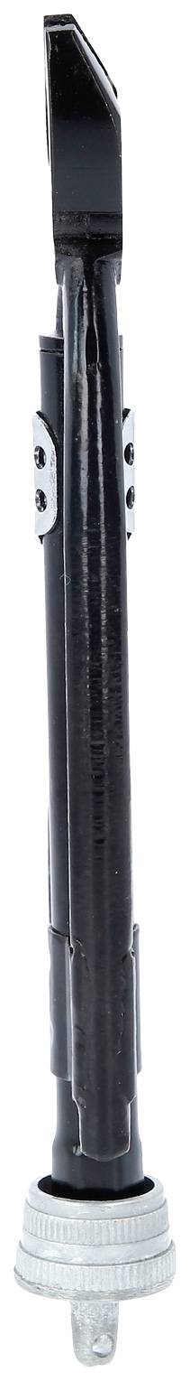 En svart plastisk sifon-adapter för handfat, med ett runt grått anslutningsstycke i nedre änden.