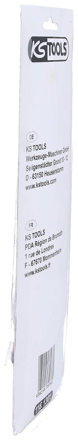 Förpackning för ett verktyg från KS Tools med företagets logotyp och webbplats, innehåller detaljer om placering i Tyskland och broschyr.