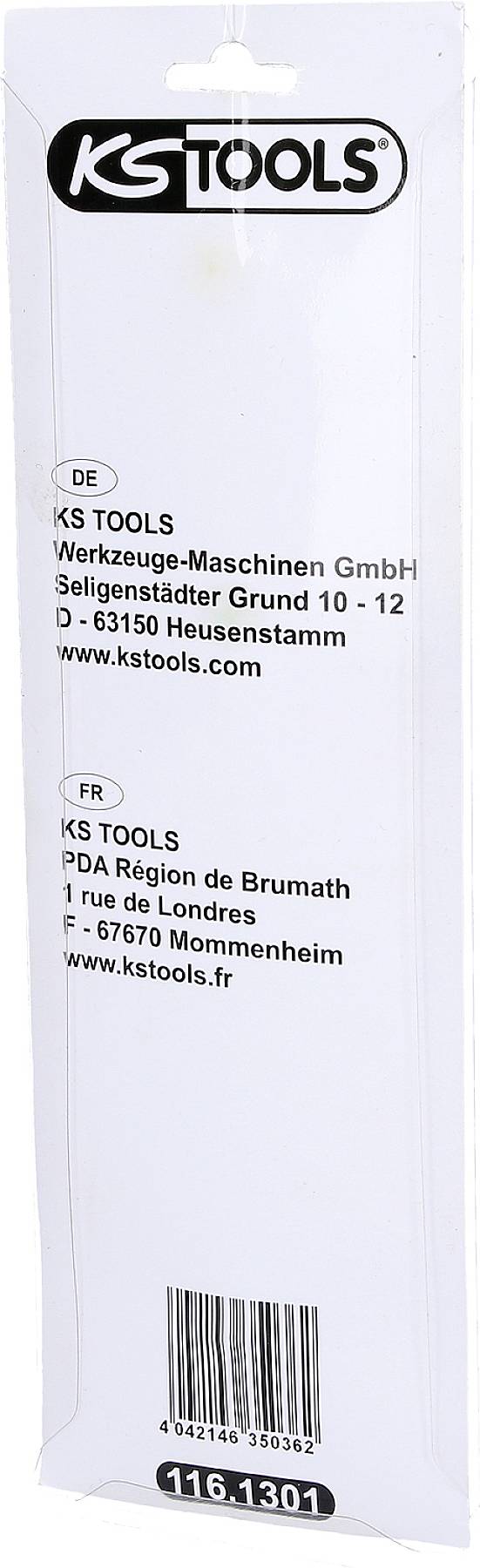 Förpackning för KS TOOLS, visar adress till filialer i Tyskland och Frankreich. Innehåller webbplats och produktnummer 116.1301.