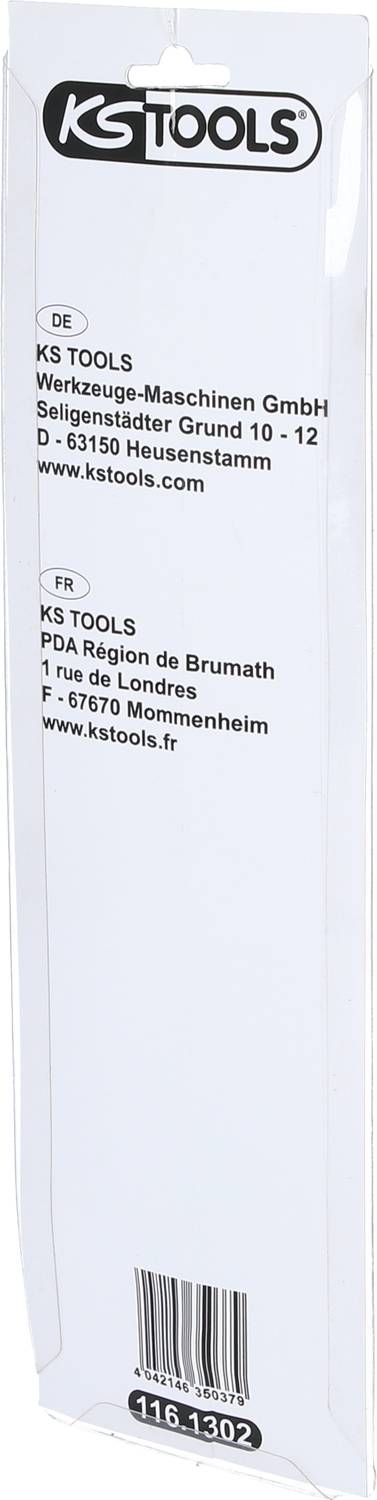 Förpackning av en KS TOOLS fil med företagets adress: KS TOOLS Werkzeuge-Maschinen GmbH, Heusenstamm, Tyskland.