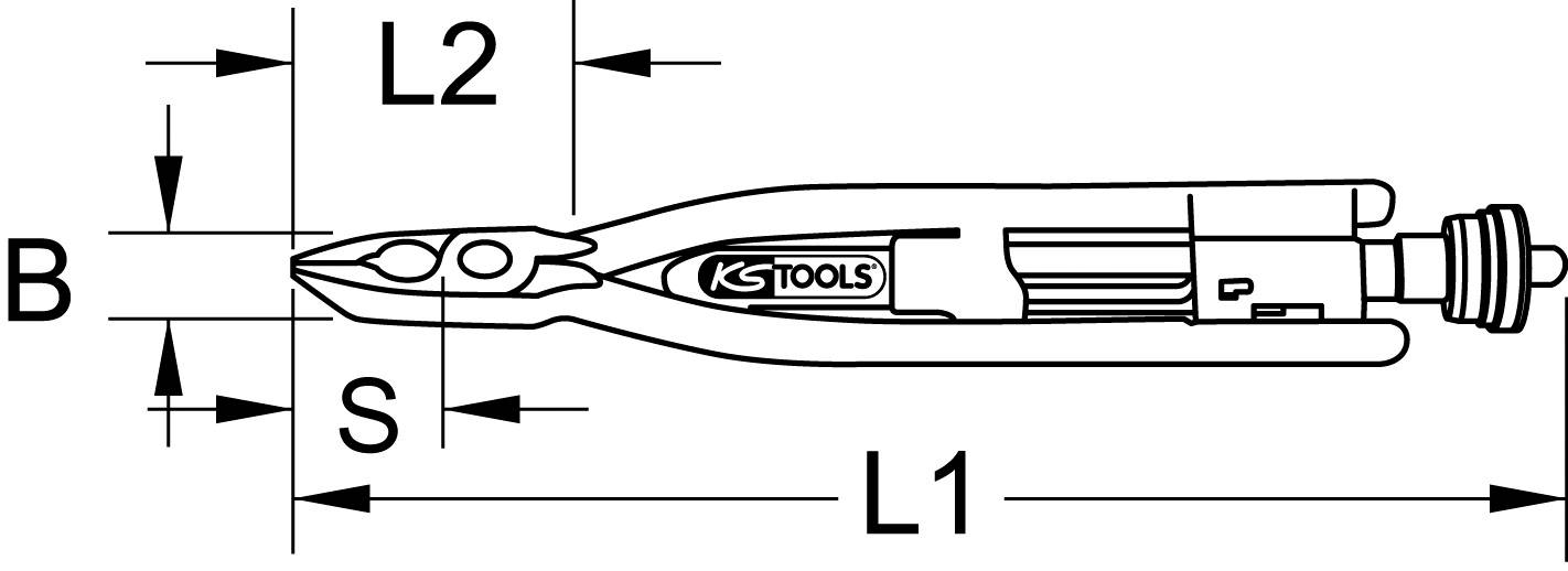 Diagram över en spetsig tång med etiketter: 'L1', 'L2', 'B', 'S'. KSTOOLS-logotyp synlig. Tångens delar och mått visade.