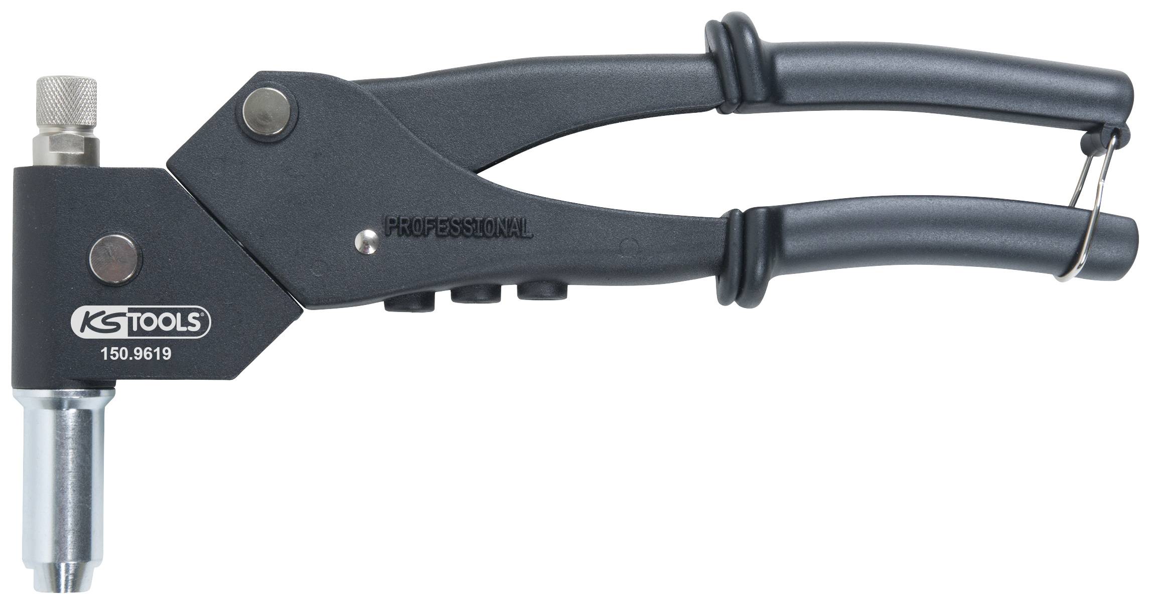 Tång med svart handtag, präglad med 'PROFESSIONAL', metallhuvud med logotyp 'KS TOOLS 150.9619', lämplig för nitapplikationer.