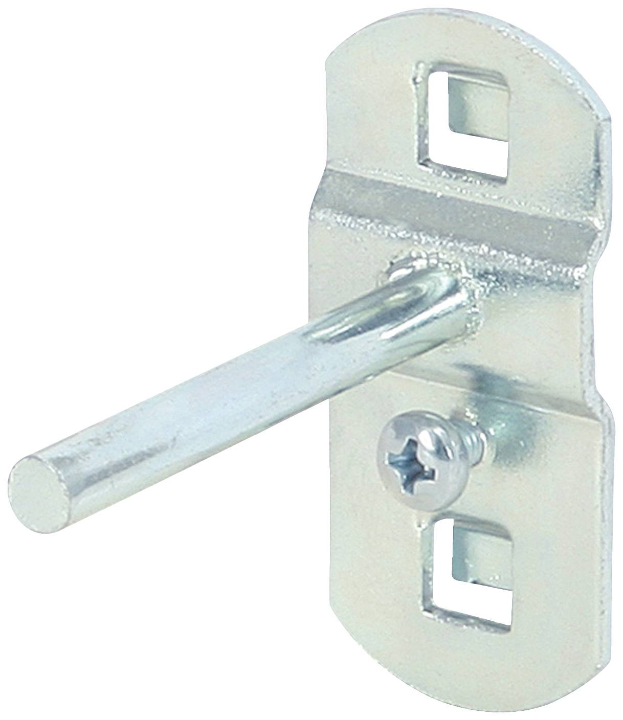 Metallkrok med skruv på rektangulär bas; används för infästning eller upphängning.