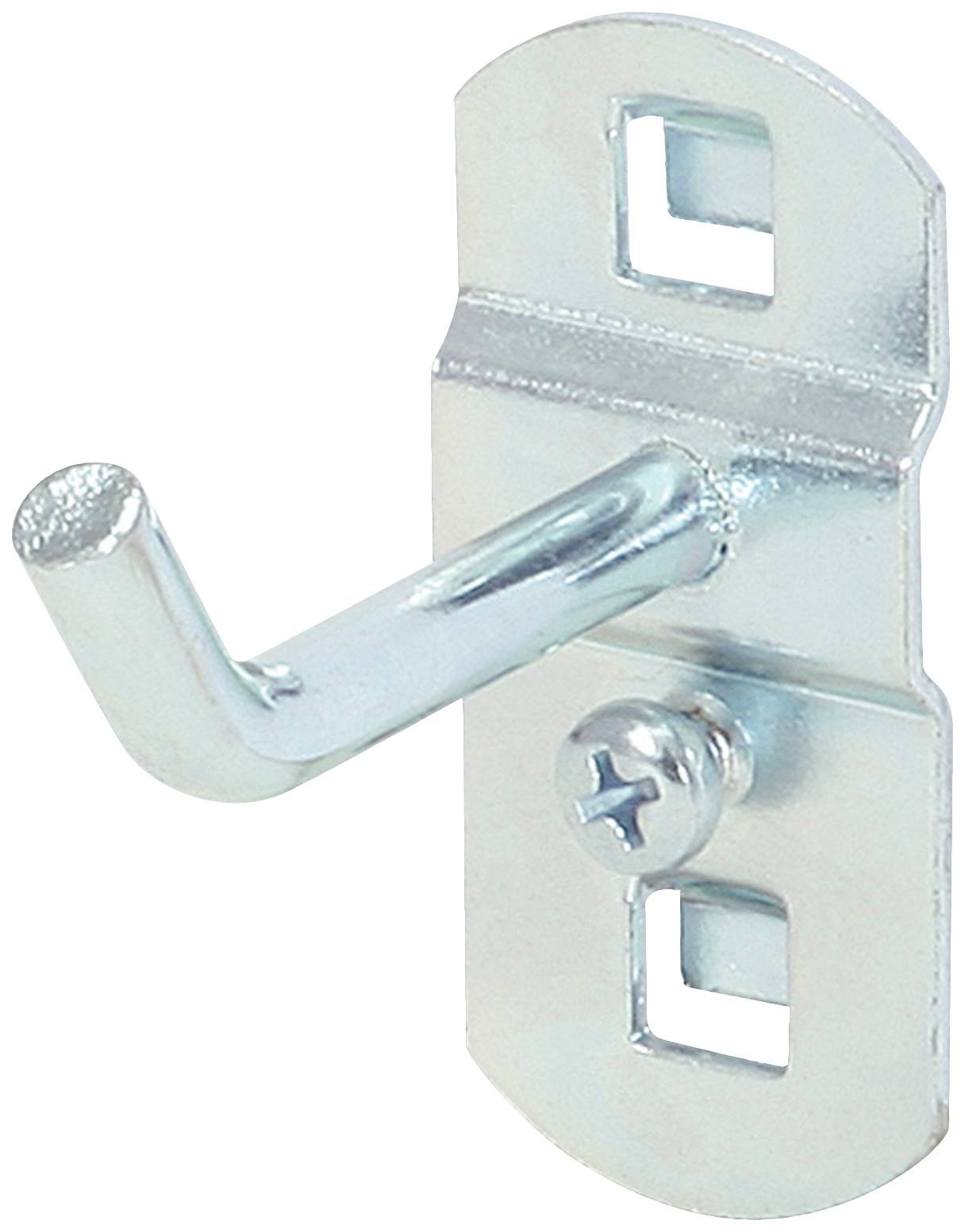 Metallkrokar med rektangulär bas och skruv, lämpliga för upphängning på väggar eller andra fasta ytor.