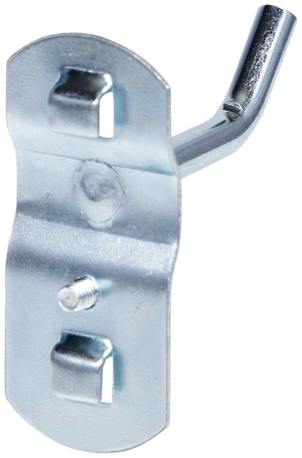 Metallkrok med böjd ände, fäst vid en plan, rektangulär bas med två hål för väggmontering.
