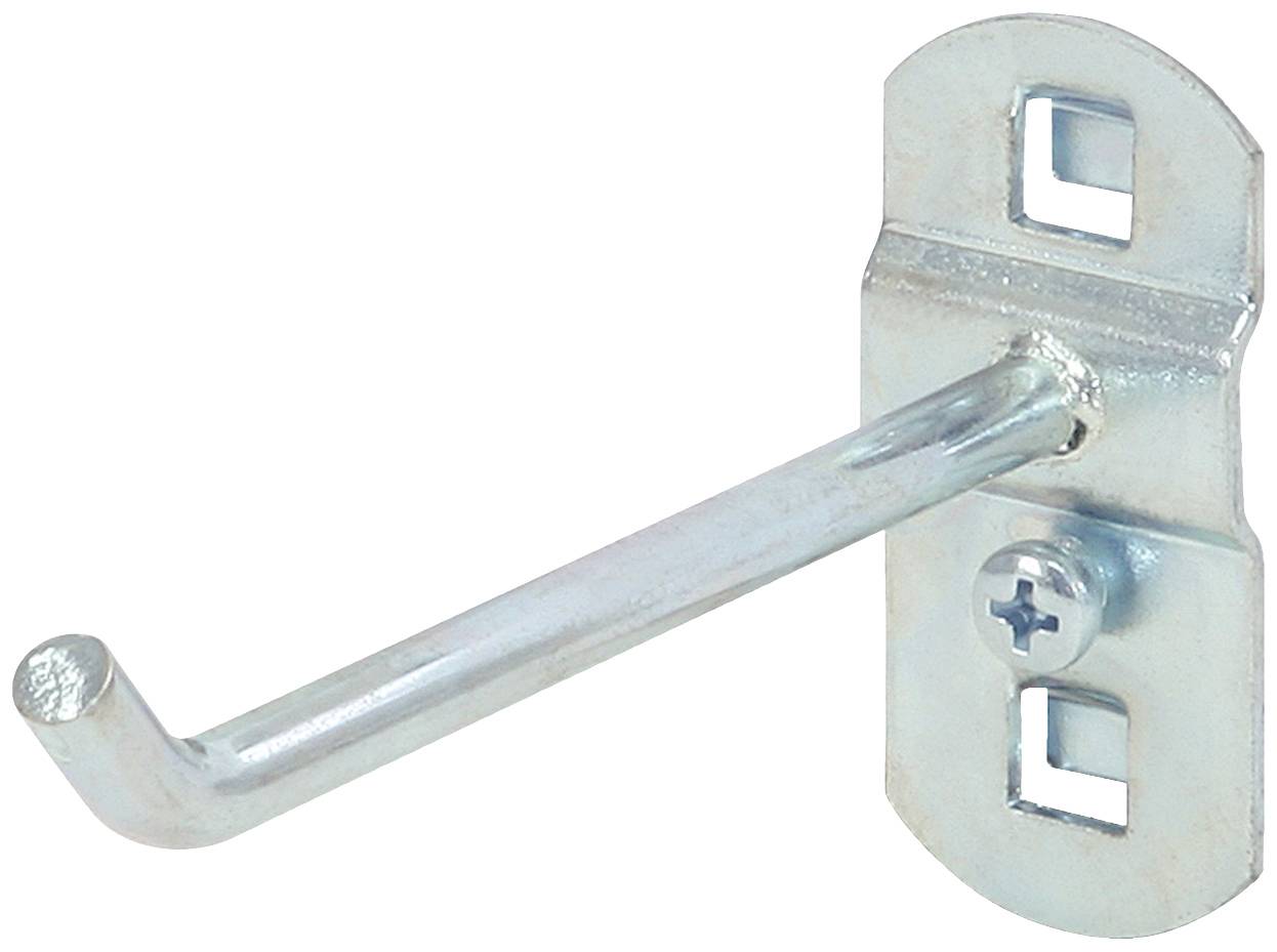 Metallkrok på rektangulär metallplatta med skruv, lämplig för väggmontering. Idealisk för upphängning av verktyg eller föremål.