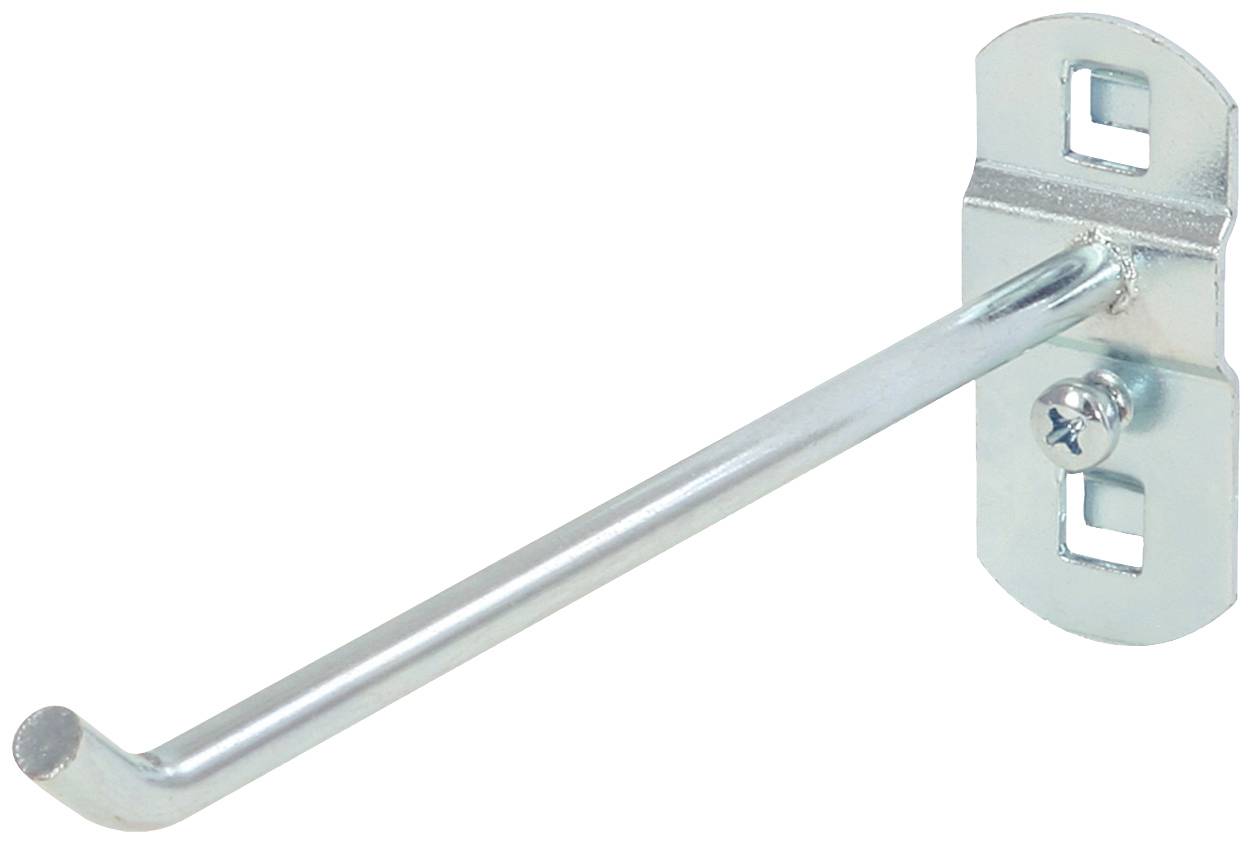 En enskild silverfärgad metallkrok med rektangulär fästplatta och två skruvhål, lämplig för väggmontering.