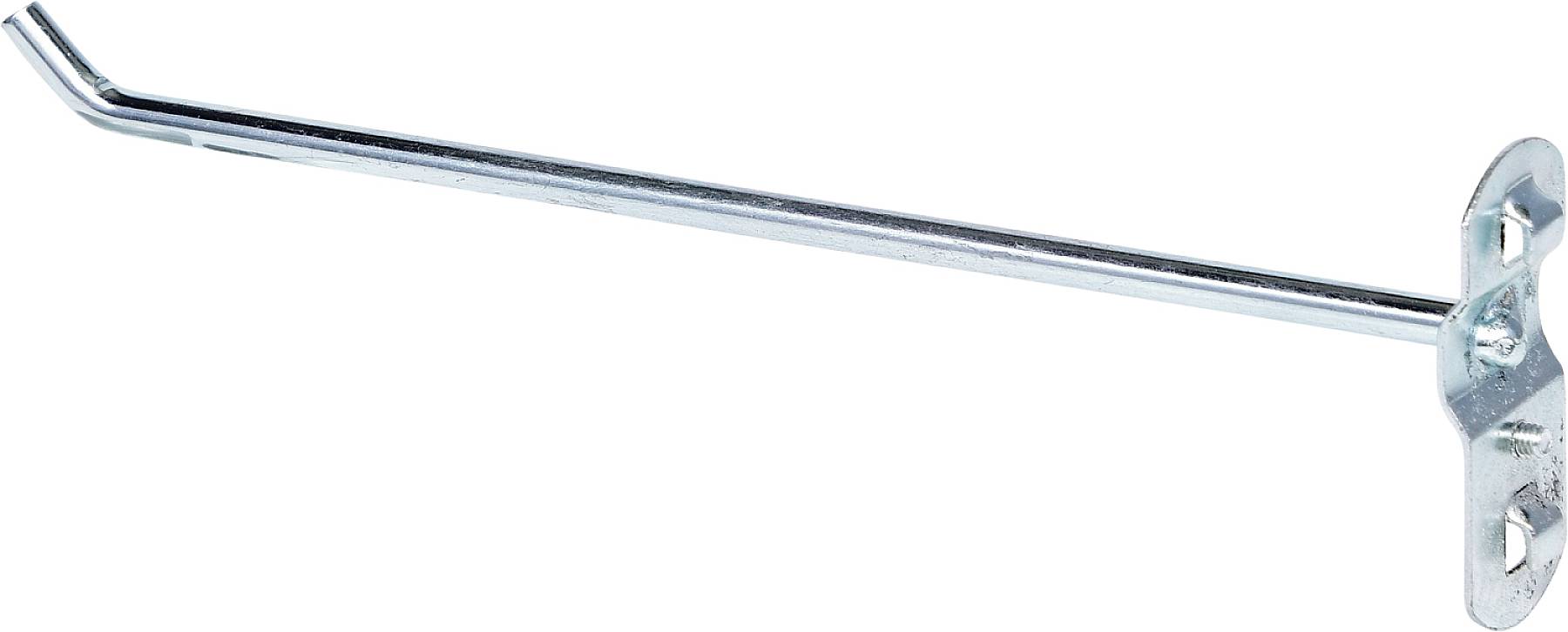 Metallhakar med plan bottenplatta och två skruvhål, lämpliga för vägg- eller hyllfästning, blank silvrig yta.