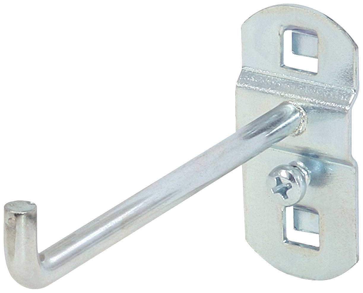 Metallkrokar med rektangulär fäste och kvadratiska monteringshål, lämpliga för väggmontering.