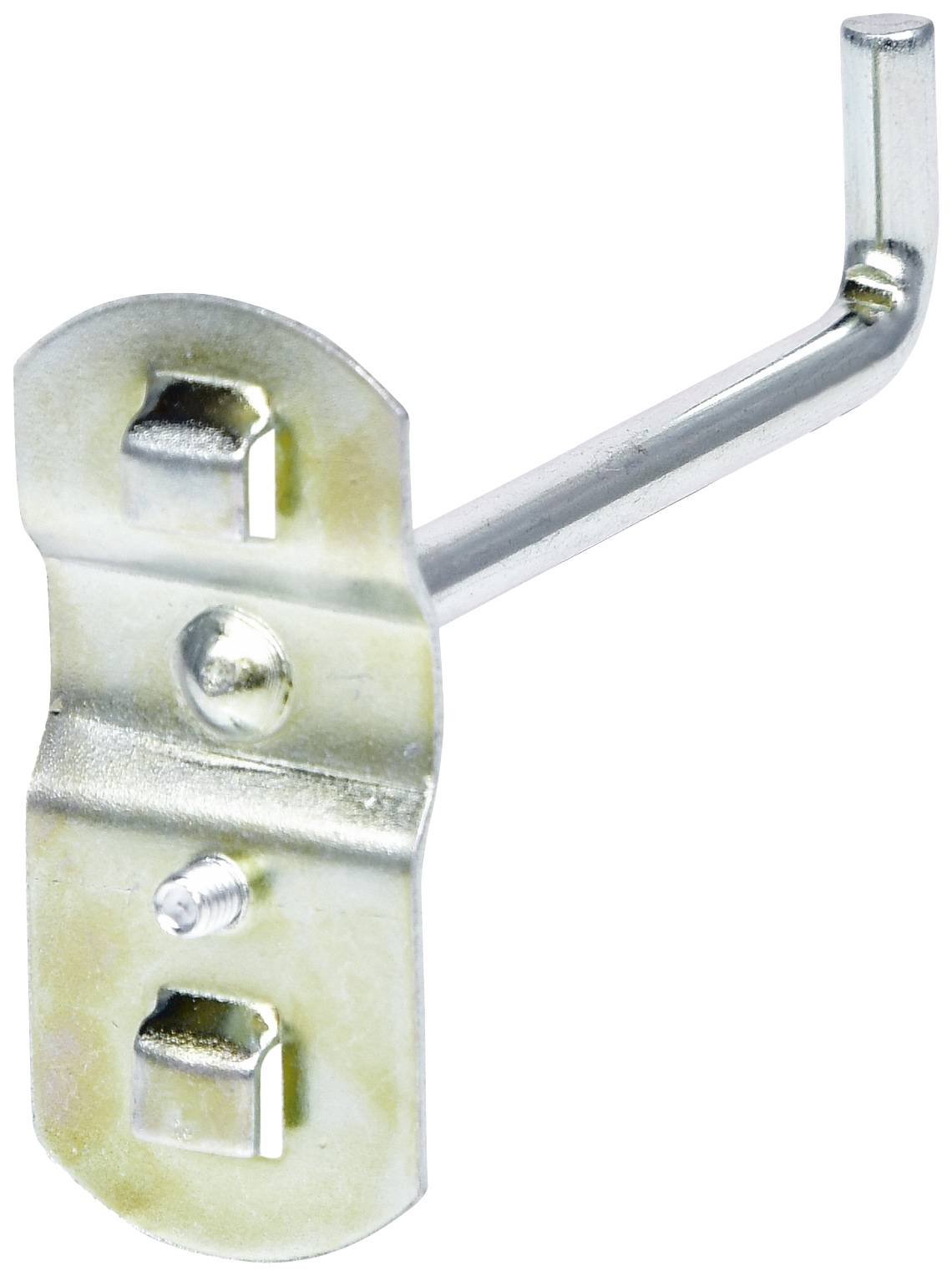 Metallkrok i rektangulär hållare, lämplig för väggmontering eller fäste för verktyg och tillbehör i en verkstad.