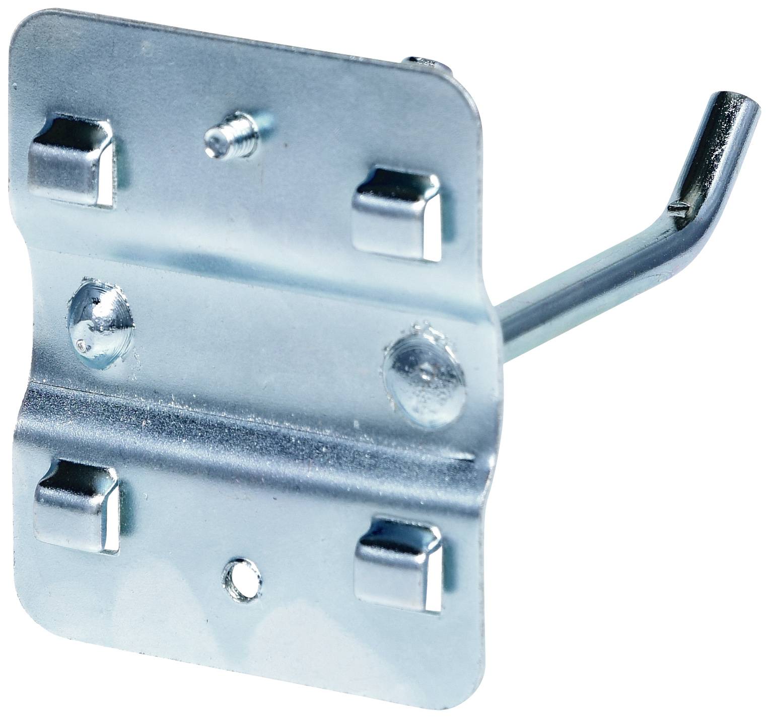 Metallkrokfäste i silvergrå stål för väggmontering, med sidohängande krok för upphängning. Perfekt för förvaring och organisering.