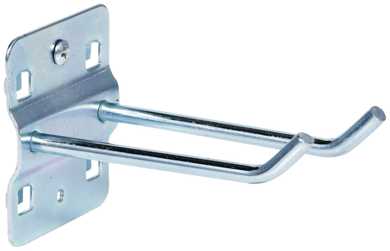 Metallkrok för väggmontering med dubbel upphängning, lämplig för verktyg eller tillbehör, mot vit bakgrund.