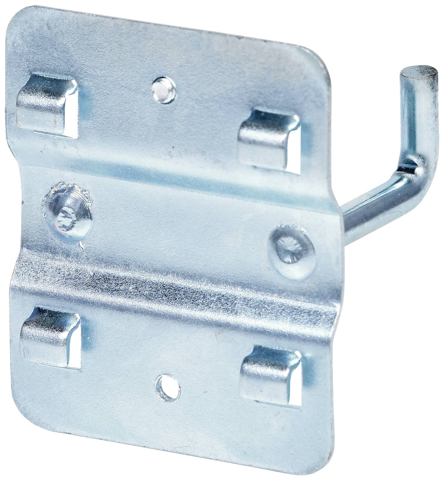 Metallkrok på en väggfäste, lämplig för upphängning av föremål eller verktyg i en verkstadsmiljö.