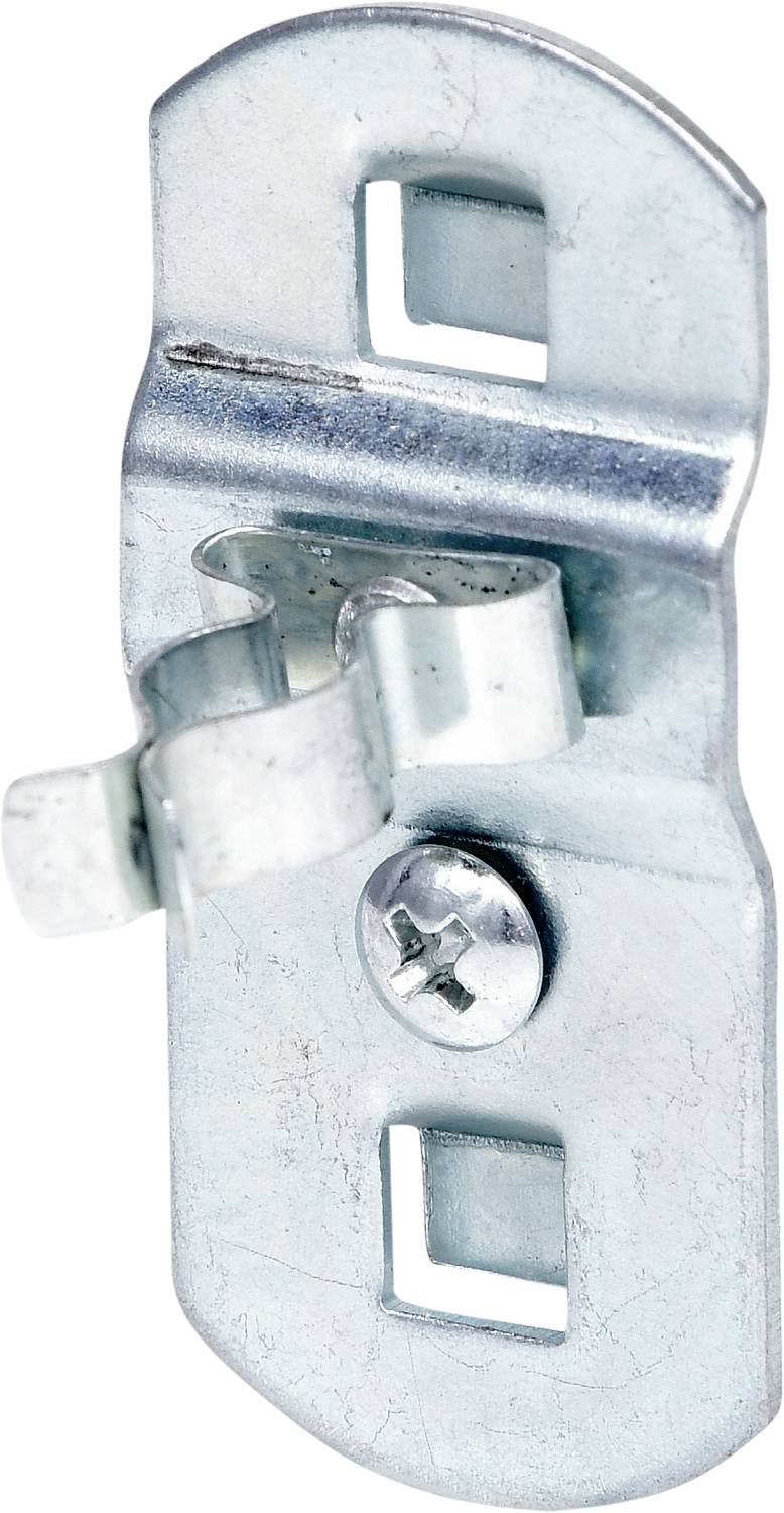 Metallstängning med skruvfäste och två rektangulära hål, lämplig för möbel- eller apparatanslutningar.