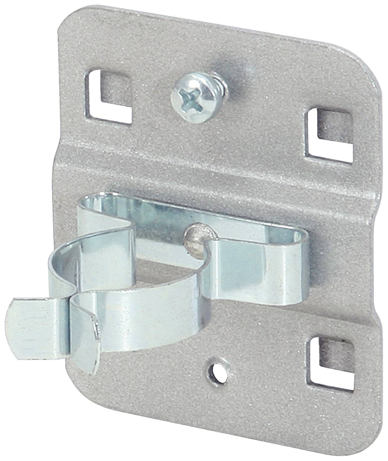Metallisk väggfäste med fästskruv och clips för verktyg eller slangar. Rektangulär, robust, med fästhål.