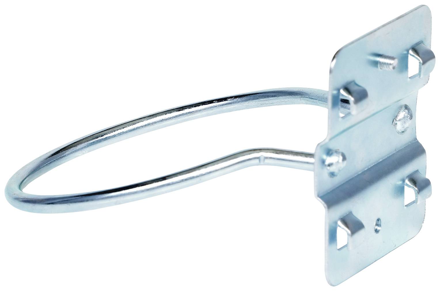 Metallisk väggslangfäste, silverfärgad, för förvaring av trädgårdslangar. Funktionell och robust för utomhusbruk.