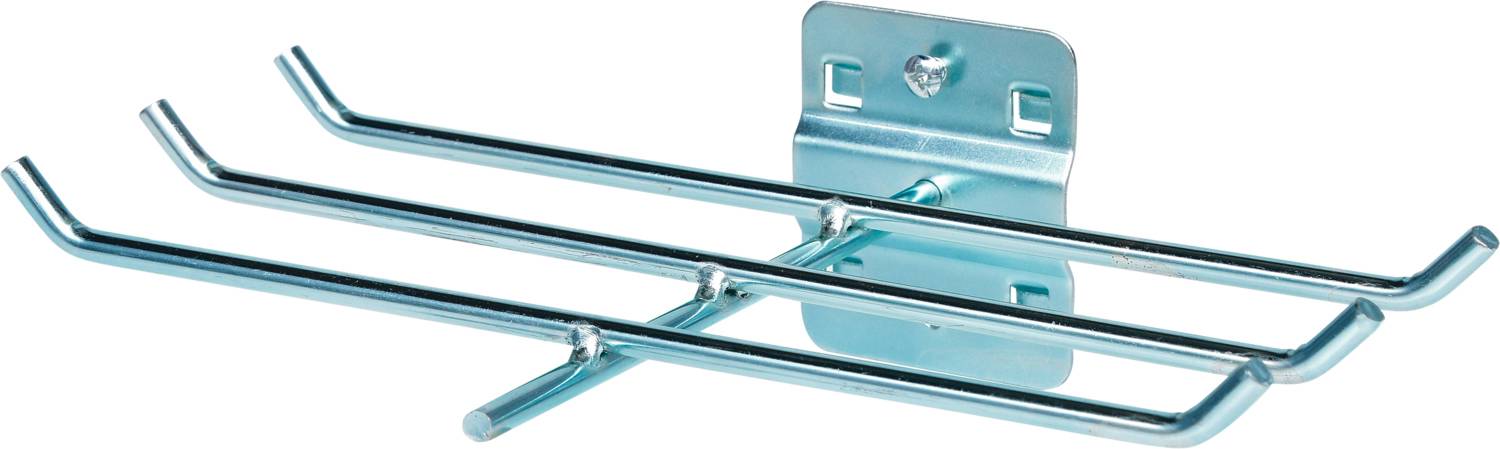 Väggfäste i metall med två horisontella stänger. Perfekt för förvaring av föremål som racketar eller stora verktyg.