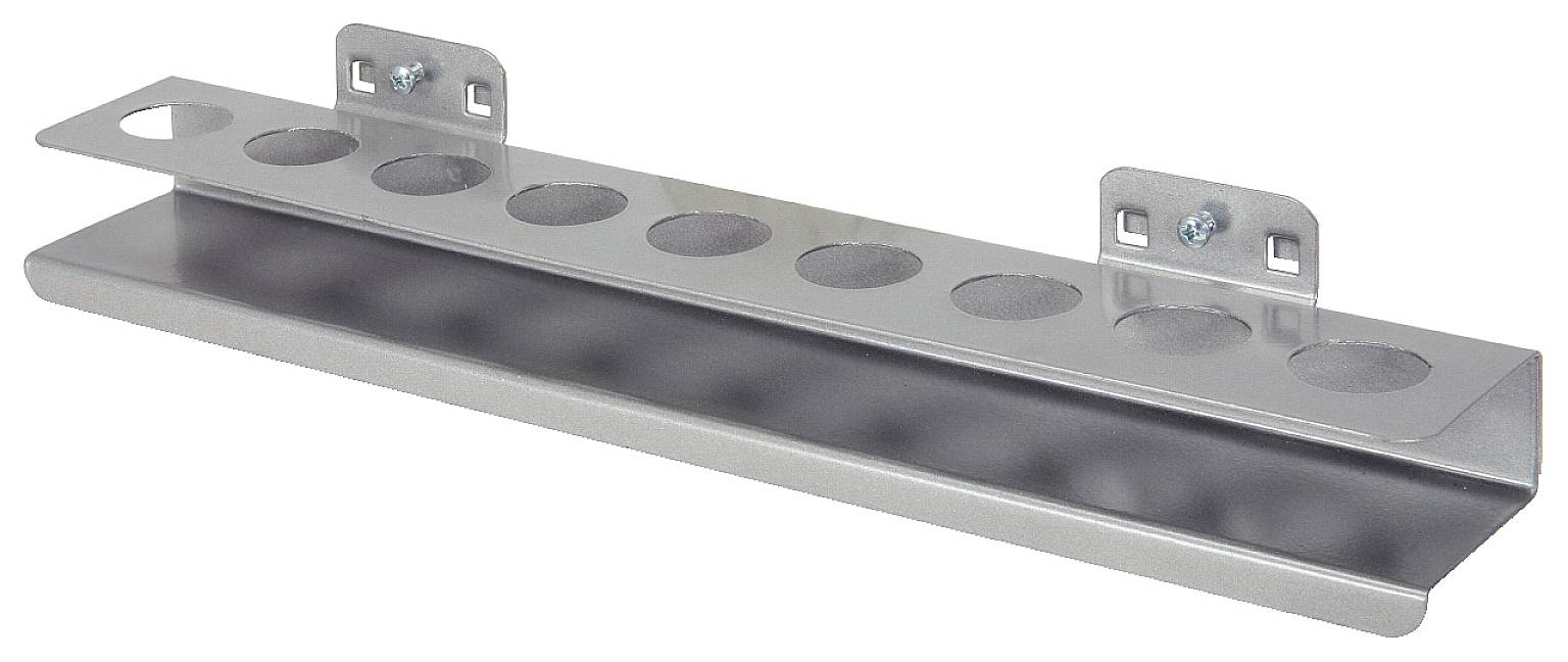 Metallhållare med nio rundade hål, monterad på en vägg. Lämplig för prydlig förvaring av verktyg eller kablar.