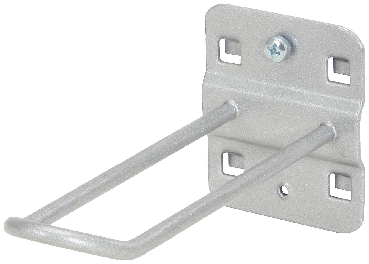 Metallkrokar för väggmontering, rektangulär bas med skruv i övre mitten, två krokar riktade framåt för upphängd förvaring.