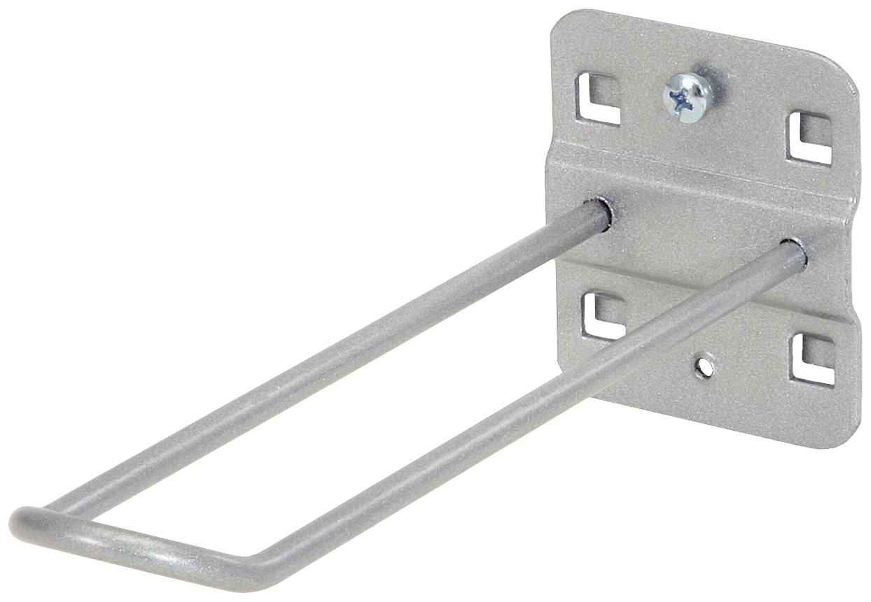 Metallkrokar för väggmontering, lämpliga för upphängning av föremål. Innehåller två långa stavar och en rektangulär basplatta med skruvhål.