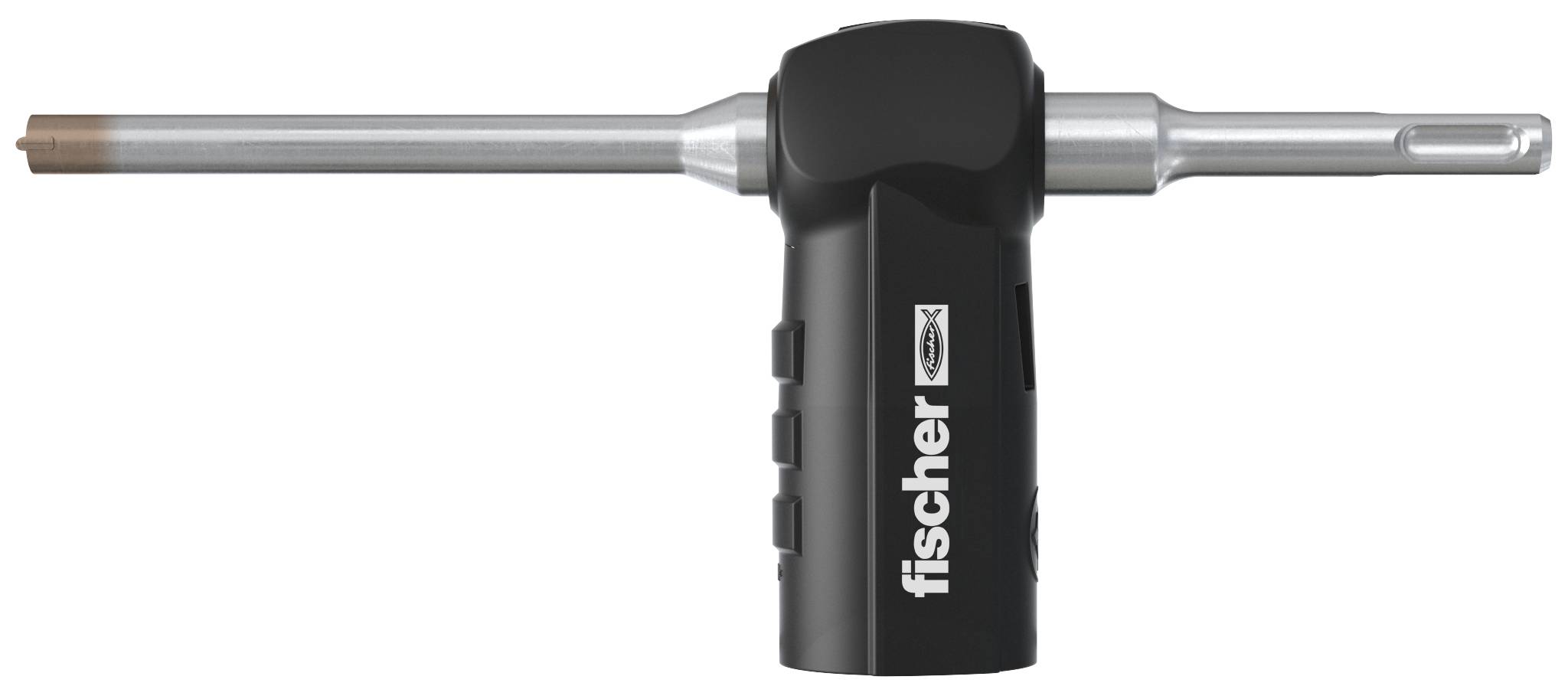 Elektrisk skruvmejsel med svart Fischer-handtag och långt metallbit, visat mot en enkel vit bakgrund.