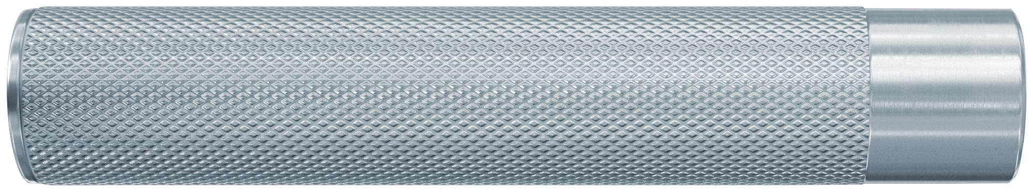 Metallknutad cylindrisk handtag med en glatt silverfärgad huva på ena änden.