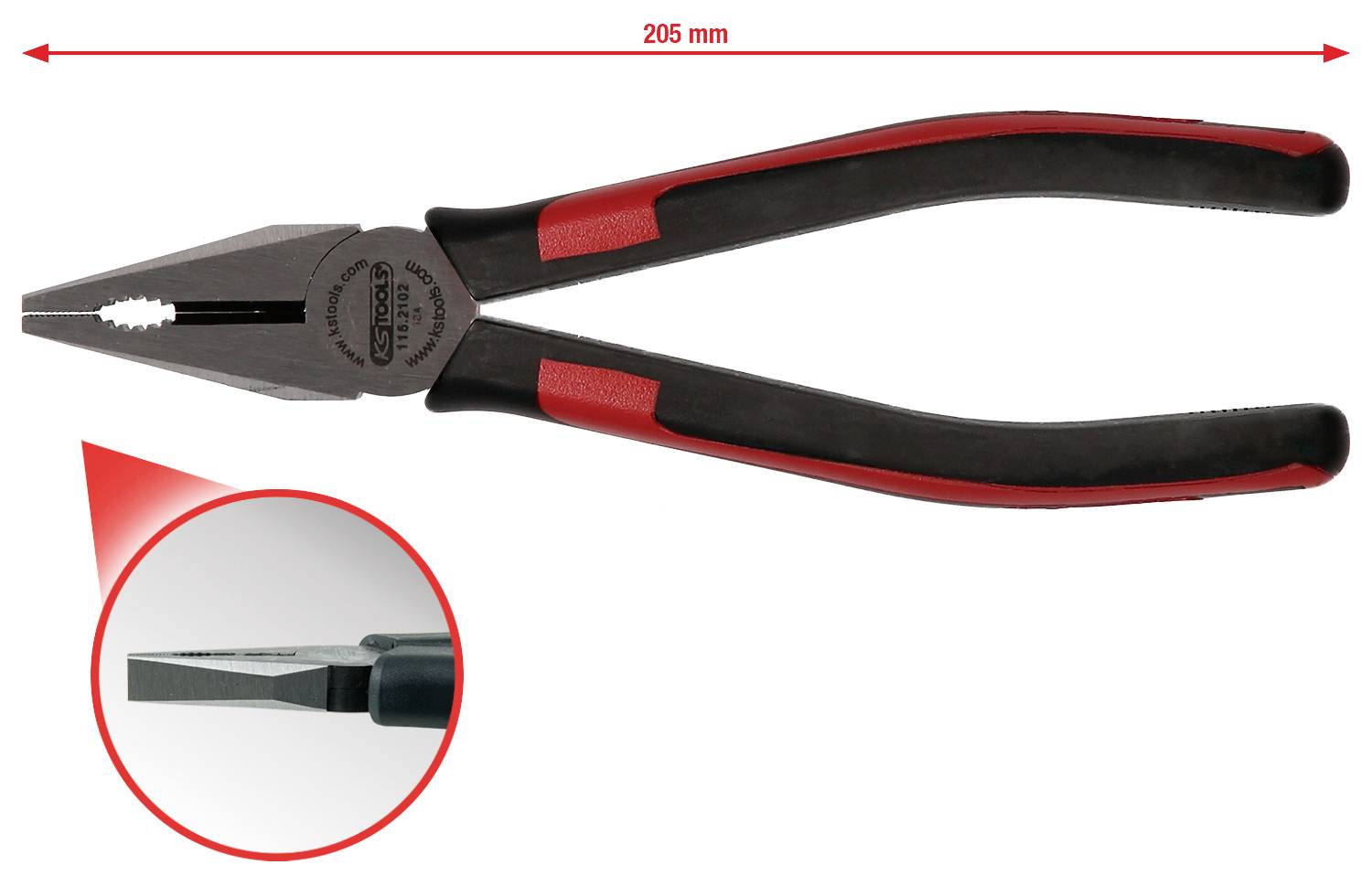 En kombinationstång med röd-svarta handtag, längd: 205 mm. Bilden visar en närbild av den tandade greppytan.